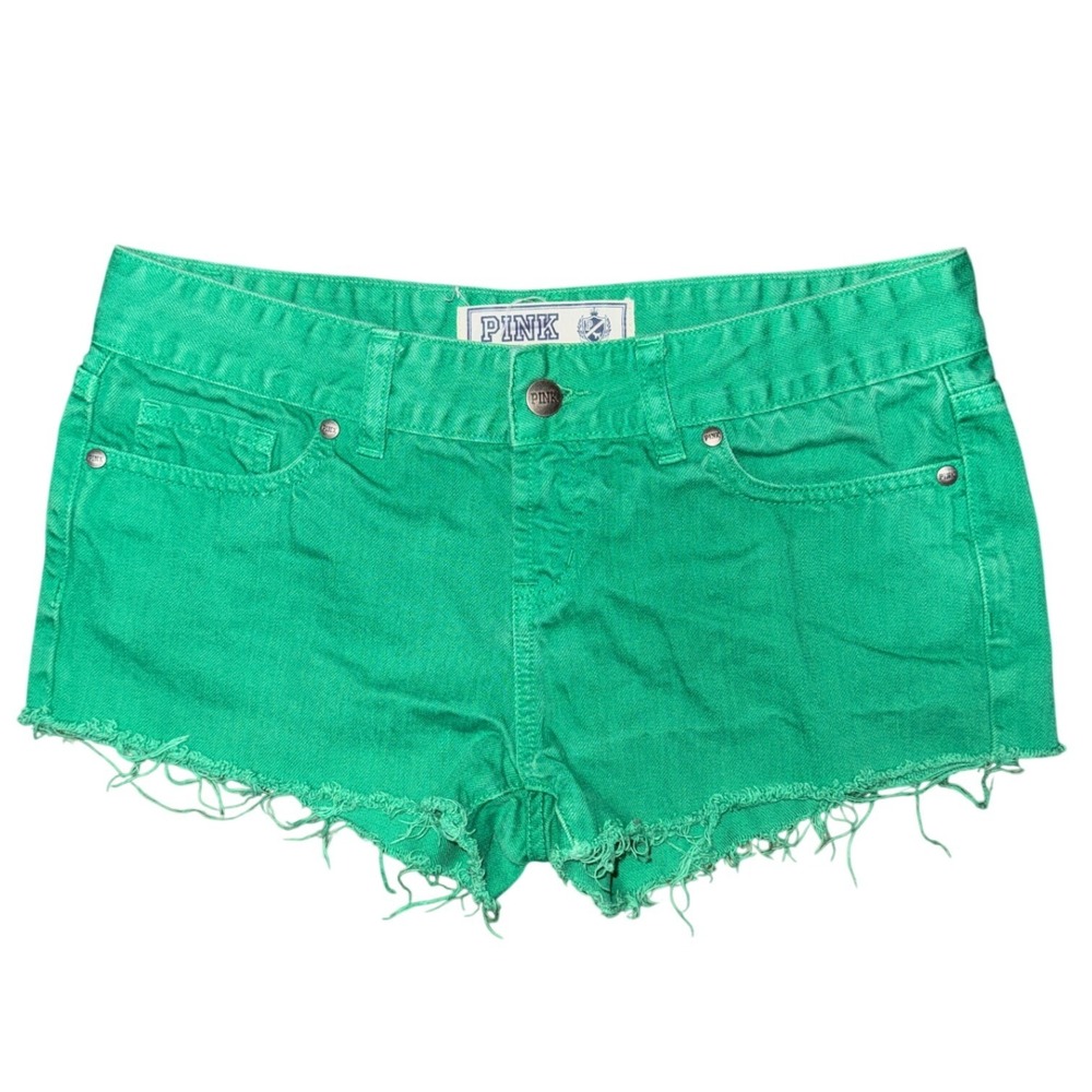 PINK Victoria's Secret Green Denim Y2K Cutoff Mini Shorts Raw Hem Preppy Summer
